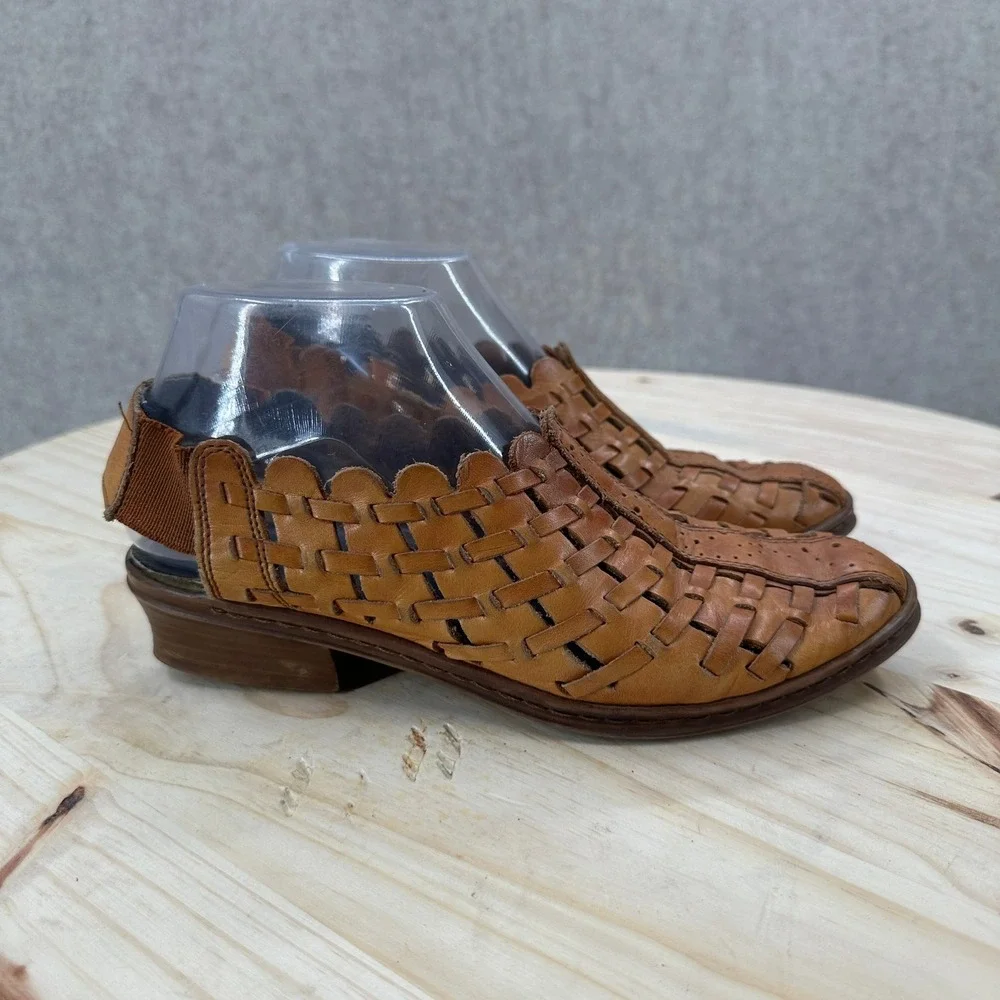 Rieker Woven Leather Slingback Sandals Shoes 7.5 Brown Antistress Scalloped Boho